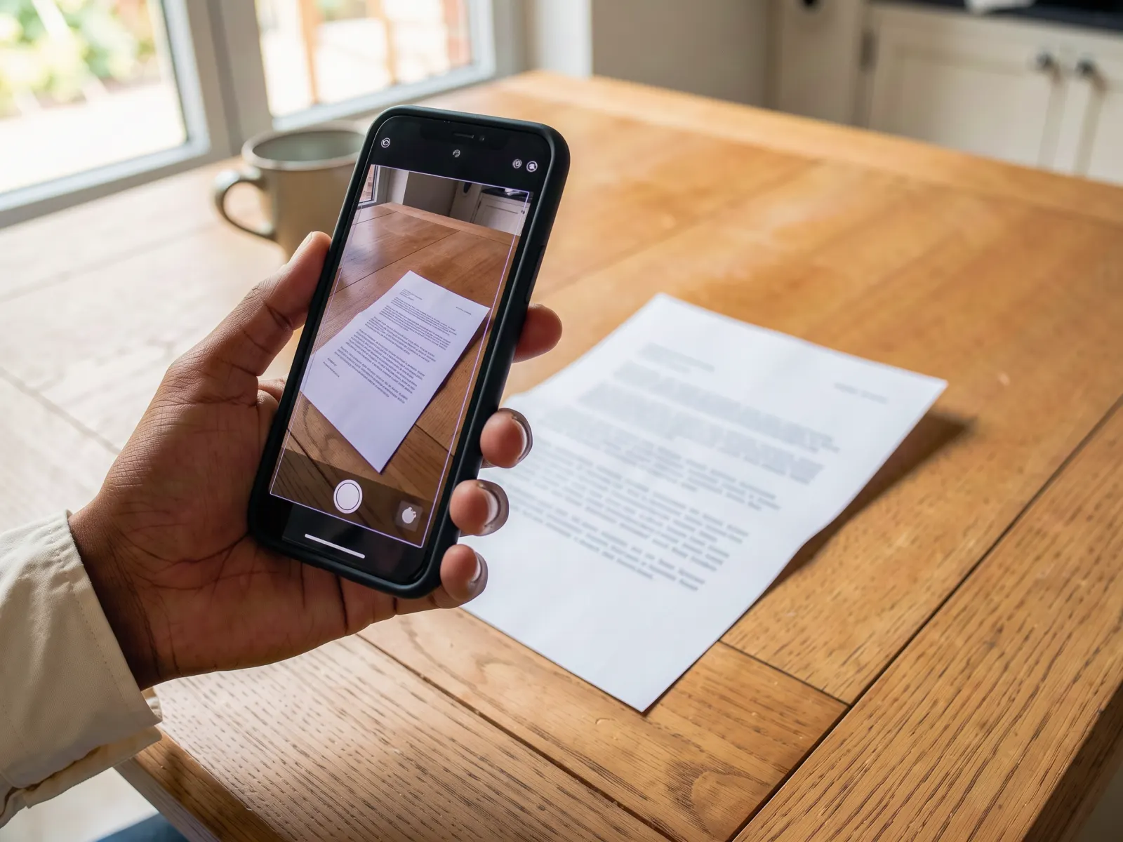 Eine Hand fotografiert mit dem Handy einen Brief auf dem Küchentisch.